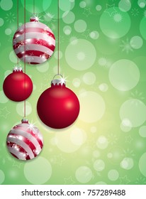 Green Christmas background bokeh with hung red baubles. Vector illustration.