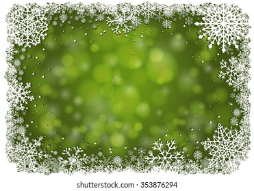 Green Christmas background with bokeh and white frame of snowflakes. Winter Christmas vector eps10 illustration with copy-space.