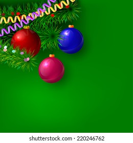 Green Christmas background with branches of trees, serpentine, confetti and decorations. Vector illustration. 