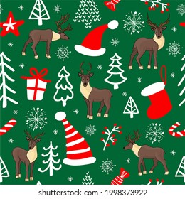 green christmas background with deer and hats