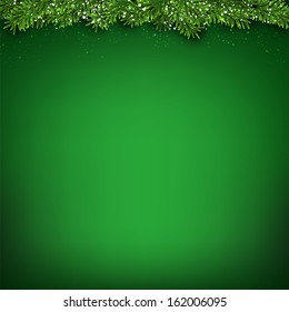 Green christmas background with fir and snowflakes. Vector illustration. 