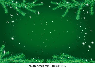 Green christmas background with fir, stars and snowflakes. New year sale, holiday web banner, greeting card with copy space. Green wallpaper with pine branches and snow. Stock vector illustration