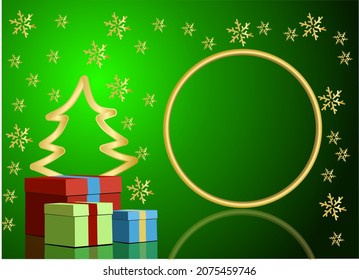 Green christmas background with gift box and golden christmas tree