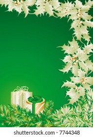 Green christmas background with gifts.