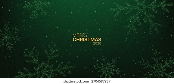 Green Christmas background with glitter snowflake designs and golden merry Christmas 2026 text. Festive greeting card for holiday celebration.
