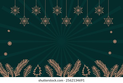 Green Christmas background with gold leaves and stars hanging as decorations, perfect for holiday designs, greeting cards, and seasonal celebrations.