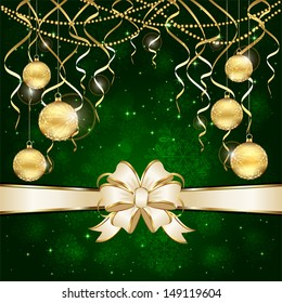 Green Christmas background with golden baubles and beige bow, illustration.