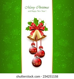 Green Christmas background with golden bells, red bow, balls, tinsel and Holly berries, illustration.