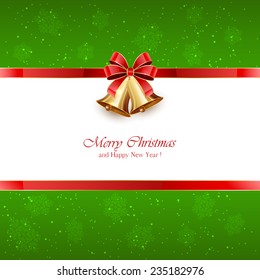 Green Christmas background with golden bells, snowflakes and red bow, illustration.
