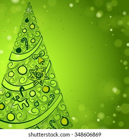 Green Christmas background with Hand Drawn Christmas Tree Placed On The Left Side