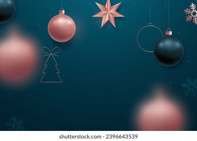 Green Christmas background with hanging rose gold and dark green balls. Unique design for banner, poster or invitation.