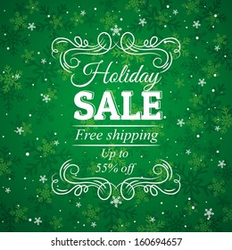 green christmas background and label with sale offer, vector illustration