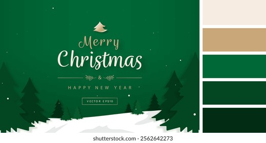 Green Christmas background with pine trees in snow forest and greeting text, including color palette, vector design