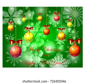 Green Christmas background with snow, snowflakes, bright multicolored suspended balls, decorated with red bows.Happy Christmas and Happy New Year in English