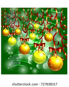 Green Christmas background with snow, snowflakes, bright multicolored suspended balls, decorated with red bows and serpentine