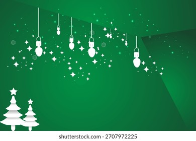 Fondo de Navidades verdes con árboles de nieve y Navidad y adornos de copo de nieve