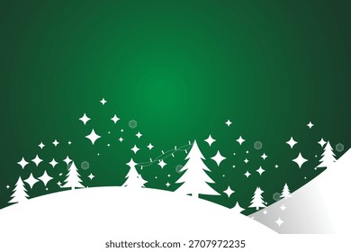 fundo de Natal verde com neve e árvores de Natal e ornamentos floco de neve