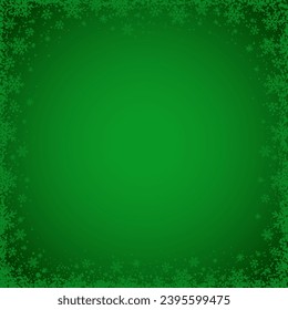 Green Christmas background with  square frame of snowflakes. Merry Christmas and Happy New Year greeting banner. Square new year background, headers, posters, cards, website.Vector illustration