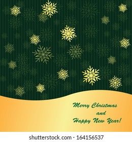 Green Christmas background with strips and golden snowflakes