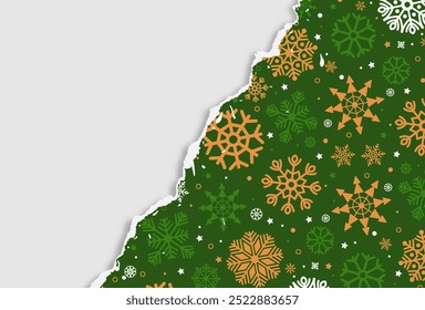 Green Christmas background with torn paper edges and snowflakes. Ripped paper design with space for your text or image. Vector illustration.