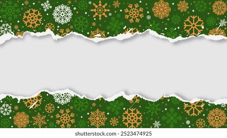 Green Christmas background with torn paper edges and snowflakes. Ripped paper design with space for your text or image. Vector illustration.