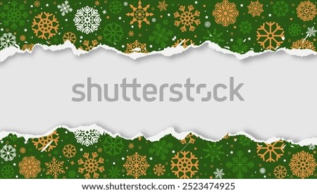 Green Christmas background with torn paper edges and snowflakes. Ripped paper design with space for your text or image. Vector illustration.