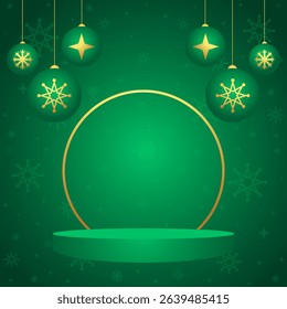Green Christmas background vector with hanging ornament ball decoration, snowflake pattern, and circular podium stage for holiday celebration, winter festive display design	