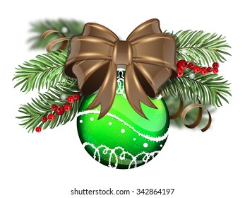 Green Christmas ball with brown bow, winter berry and fir tree branches on white background