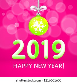 green Christmas ball by 2019 happy New Year. Vector template for the festive design numeral on pink background. 3d drawn lettering illustration. art