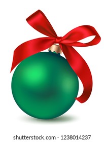 Green Christmas ball with decorative red bow isolated on white background