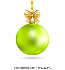 Green Christmas ball with gold bow. Holiday christmas toy for fir tree. Vector illustration.