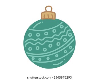 Green Christmas ball with intricate pattern isolated on white background. Concept of holiday decoration, festive winter design, traditional Christmas ornament, minimalist style, vintage, print