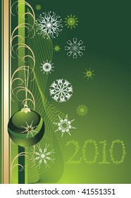 Green Christmas ball with snowflakes. Background for card. Vector