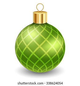 Green christmas ball with stripes on white background