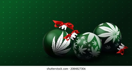 Green Christmas balls with cannabis icons on them and with red ribbons. Realistic, glassy new year ball toys with marihuana silhouettes. Banner with empty space for copy text. Heart pattern background