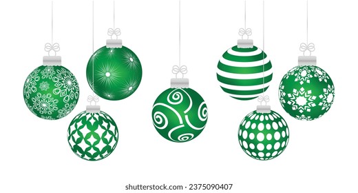 Green Christmas balls with different patterns on white