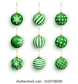 Bolas verdes de Navidad aisladas en blanco. Pon aislado el juguete del árbol de Navidad. Objeto vectorial para diseño de Navidad, burla. Decoración navideña rebosante