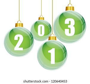 Green christmas balls with the numbers of new year 2013 hanging