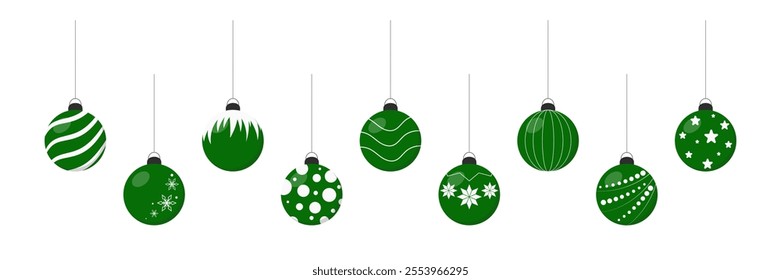 Green Christmas balls on a rope with different patterns. Christmas and New Year decoration isolated on white background. Vector elements for design, sticker, decor.