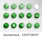Green christmas balls on white isolated. Set of isolated realistic decorations. Christmas tree toy. Vector object for christmas design, mockup. Stocking Christmas decorations