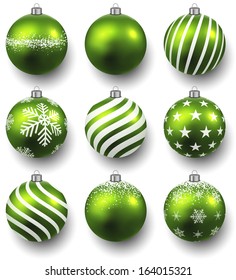 Green christmas balls on white surface. Set of isolated realistic decorations. Vector illustration. 