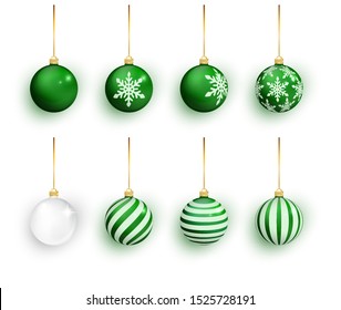 Green christmas balls set isolated on white. Stocking Christmas decorations. Green Christmas ball with snow effect set. Vector illustration.