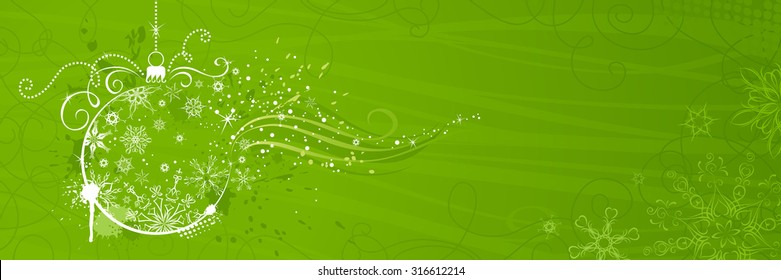 Pancarta verde de Navidad. Fondo horizontal con copos de nieve, decoraciones de árboles navideños y elementos ondulados para su diseño. Hay espacio para copiar el texto. 