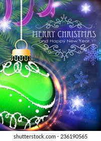 Green Christmas bauble with sparkles and fir branches on blue background