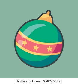 green Christmas baubles with outline flat vector design.