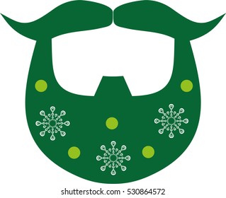 Green Christmas beard with a mustache and snowflakes. For a masquerade party or photograph with friends. Flat illustration on white background. Or for scrapbooking. Props for photography