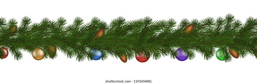Green Christmas border of pine branch, cone and ball, seamless vector isolated on white background. Xmas garland decoration effect. Border of branch christmas tree. Vector illustration.