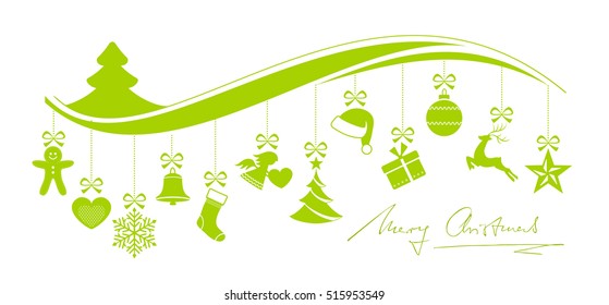 Green Christmas border with a set of 12 hanging Christmas ornaments on a wave pattern with hand written Merry Christmas underneath isolated on white.