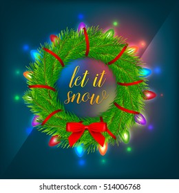 Green Christmas branch with Christmas lights on dark blue background. isolated vector illustration.