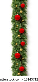 Green christmas branch with red balls, gold stars on white background. Fir natural vertical seamless decoration. Realistic vector merry xmas, new year traditional ornament with garland.